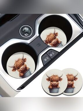 2pcs Cute Highland Cow Car Coaster - White Design